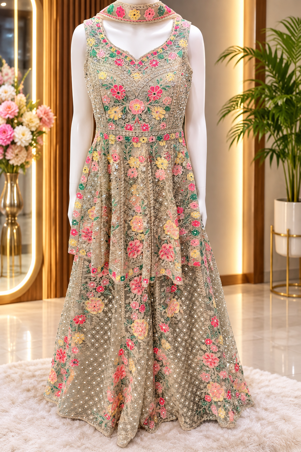 Beige Multicolor Embroidered Peplum Sharara Set