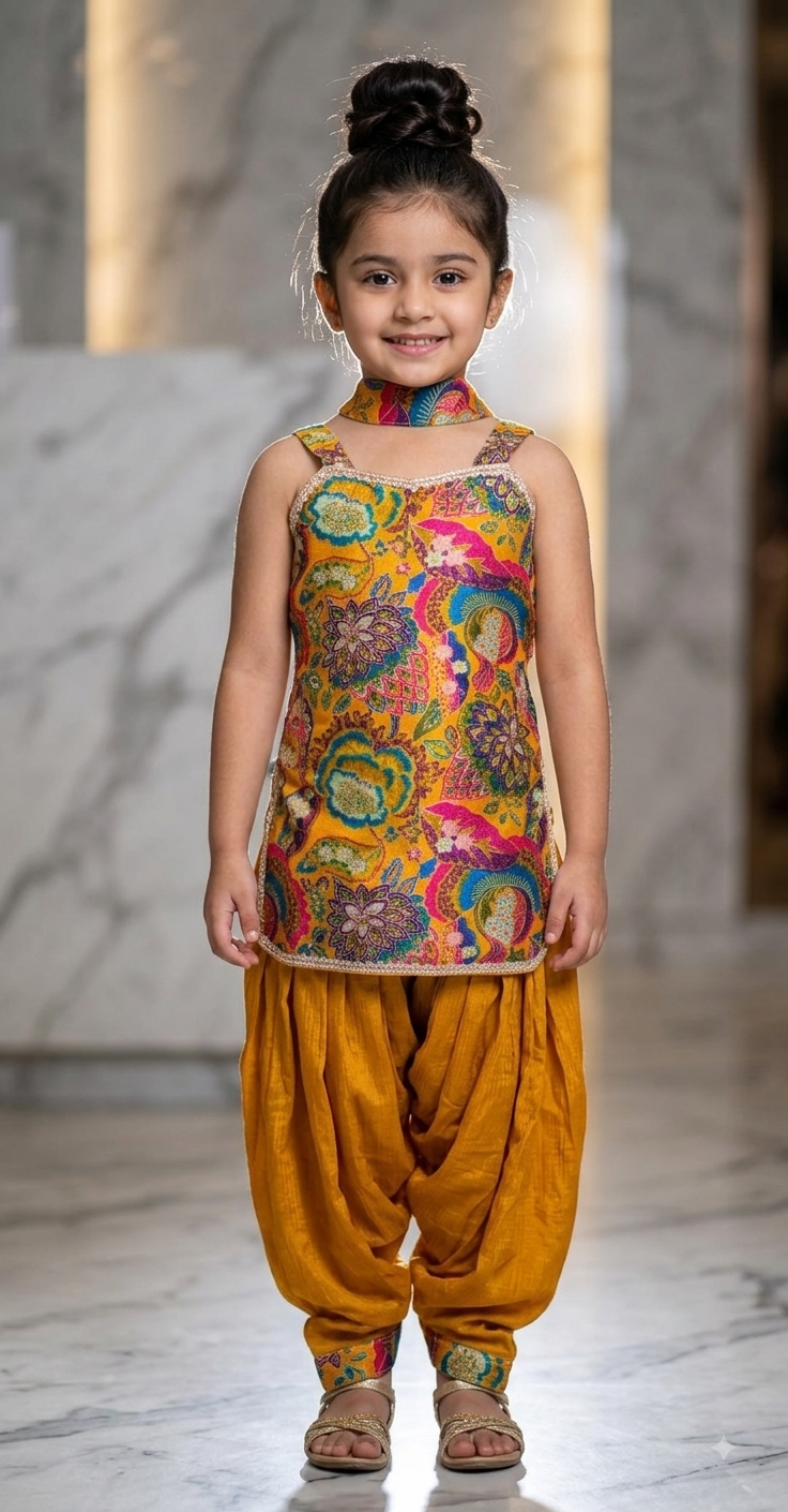 Vibrant Mustard Yellow Kalamkari Printed Kurti with Dhoti Salwar Set