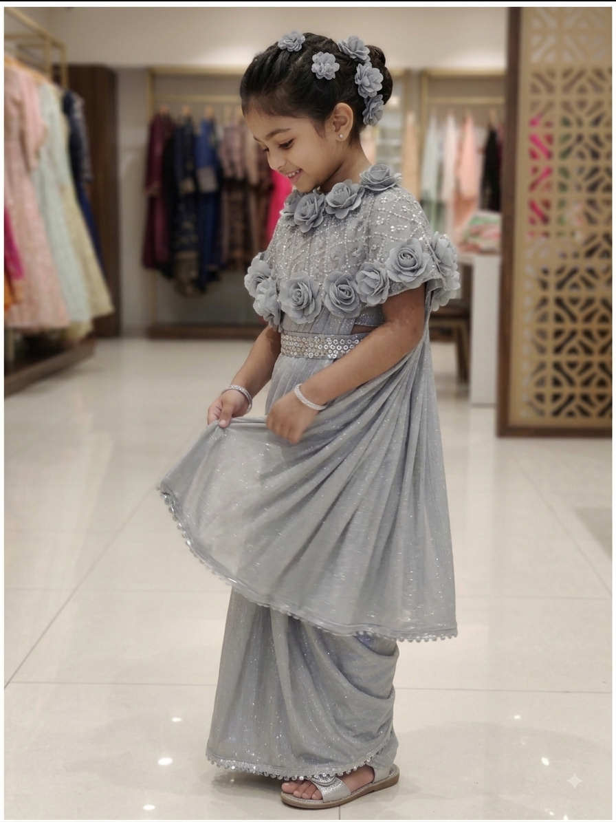 Girls' Silver Metallic Pre-Stitched Saree