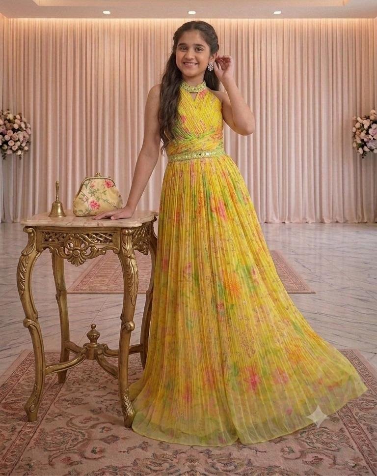 Yellow Floral Pleated Halter-Neck Indo-Western Maxi one piece / Gown