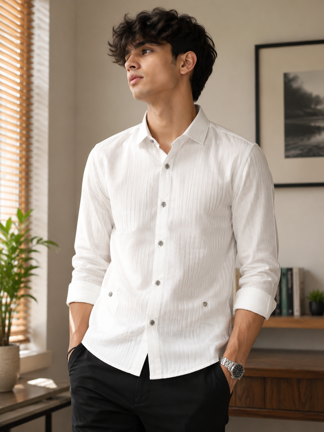 Beige Self-Textured Club Wear Shirt