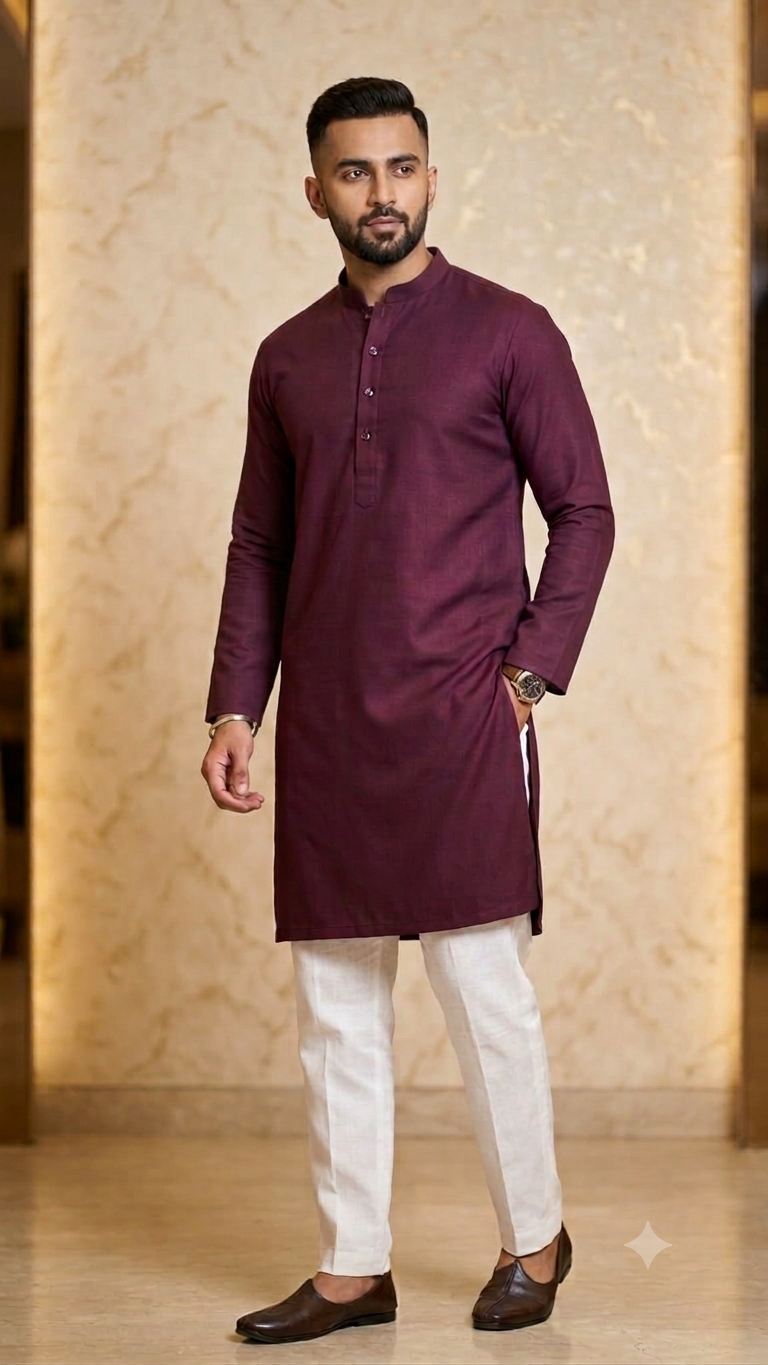 Classic Wine Maroon Kurta Set for Men with White Pants